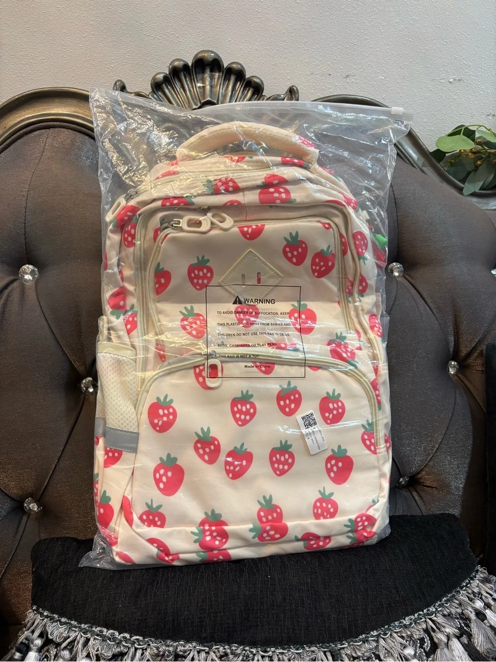 Strawberry Print Backpack — Cream with Red Accents